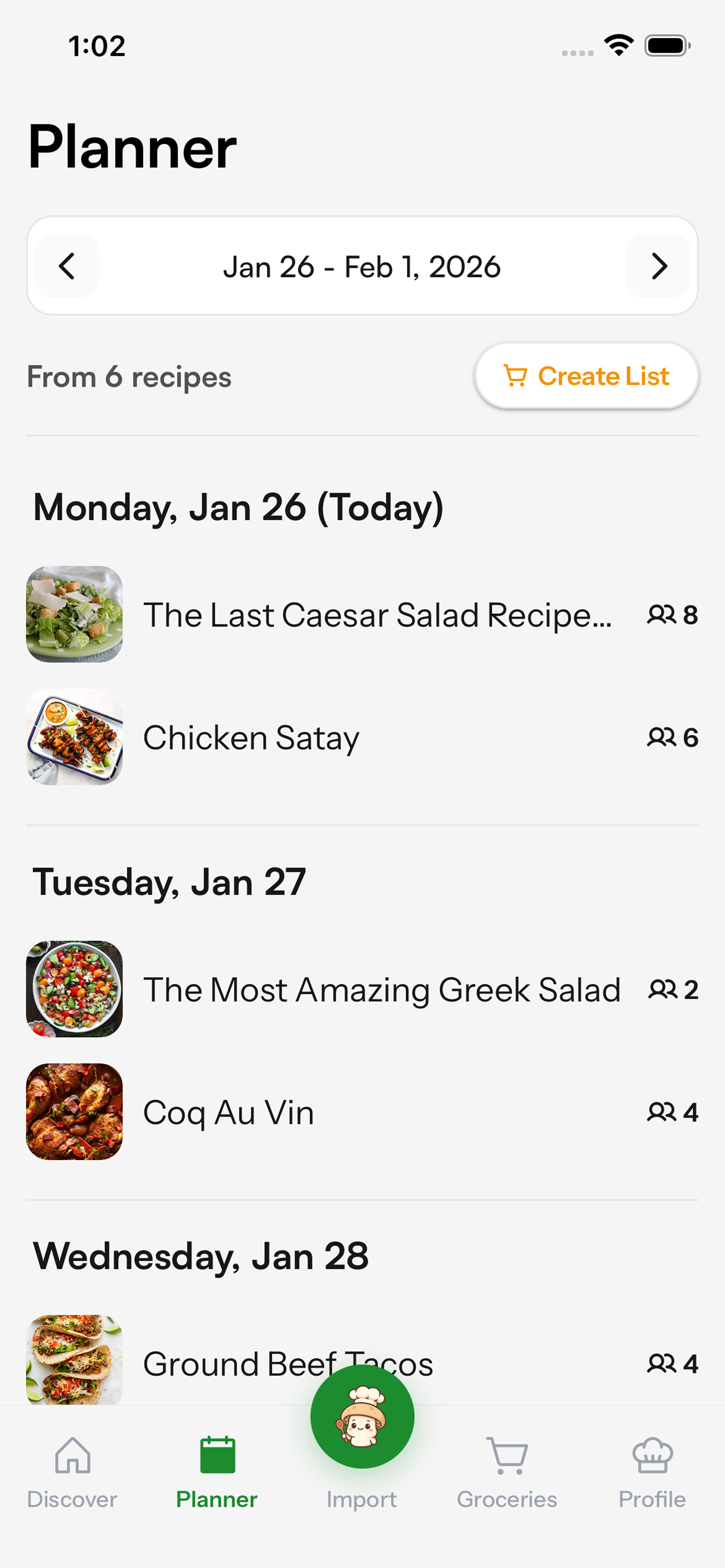 Weekly meal planner interface